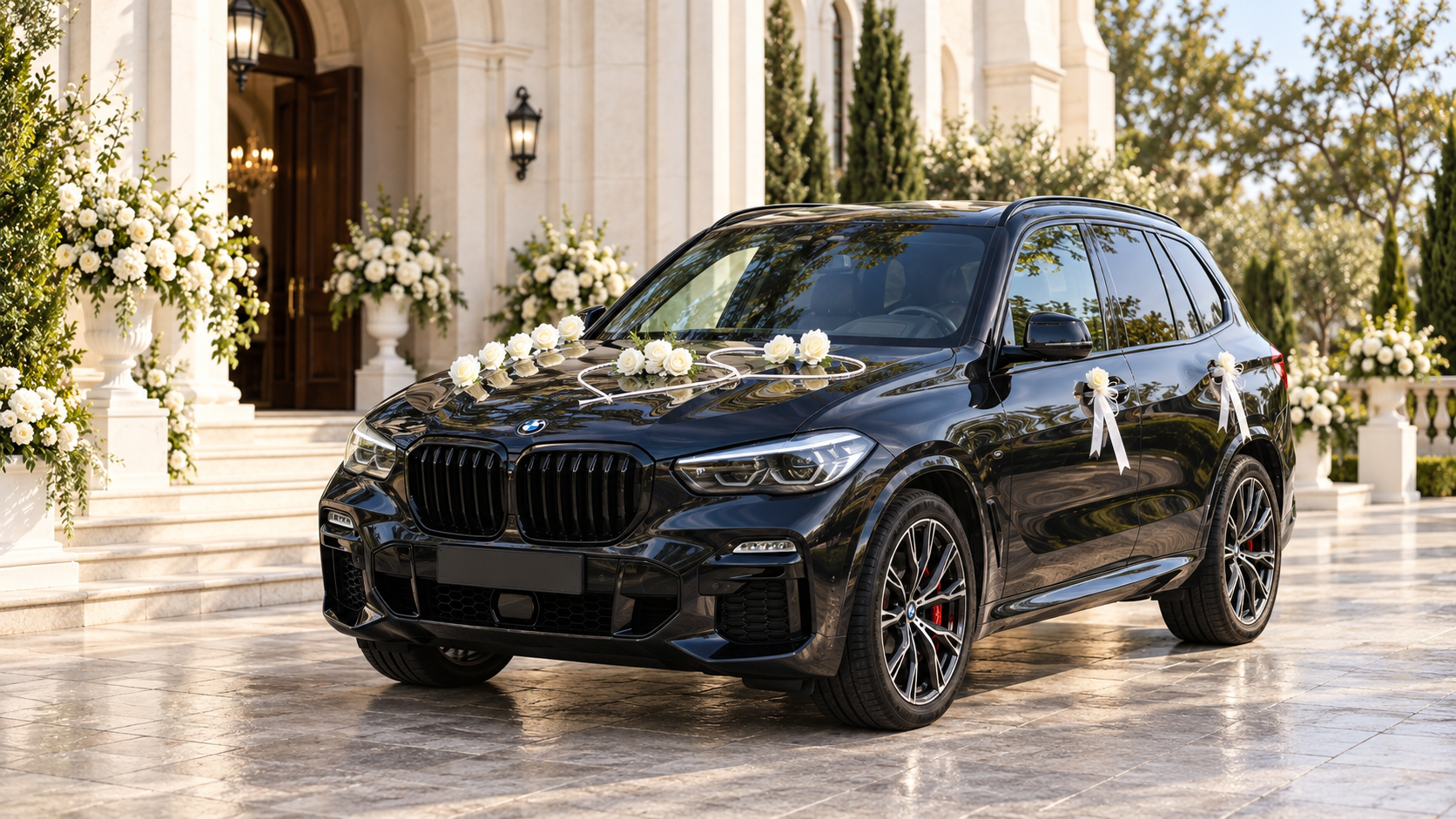 Auto do ślubu Częstochowa – czarne BMW X5 z dekoracją przed kościołem