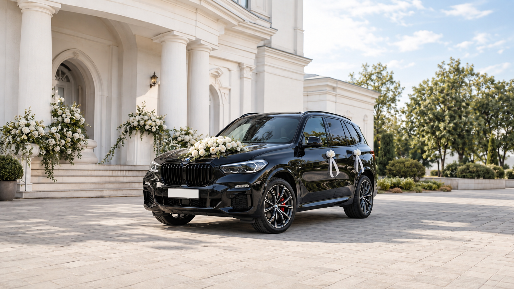 BMW do ślubu Częstochowa udekorowane białymi kwiatami